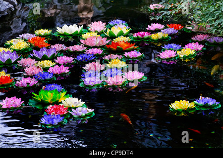 Étang des carpes Nénuphars artificiel coloré temple du Bouddha de Jade Jufo Si Shanghai Chine plus célèbre temple bouddhiste à Shanghai Banque D'Images