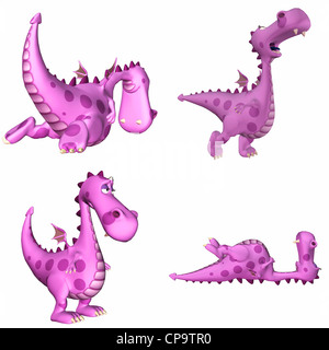 Illustration d'un pack de quatre (4) femmes rose dragons avec différentes poses et expressions isolé sur un fond blanc -3D3 Banque D'Images