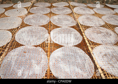 Les cercles de papier de riz à l'extérieur sur une séchage Séchage en treillis de bambou, châssis Cuu long, Cai Be, Delta du Mekong, Vietnam Banque D'Images