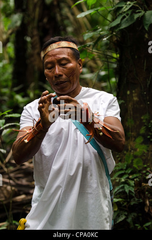 Secoya tribu à Secoya lodge amazonie le long de la rivière Aguarico Tierras Orientales Equateur Banque D'Images