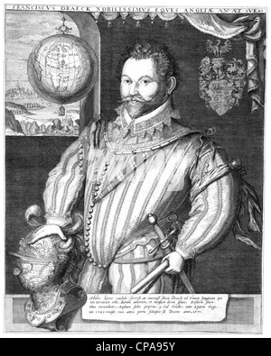 FRANCIS DRAKE (1540-1596) marin anglais gravée par Jodocus Hondius en 1577 Banque D'Images