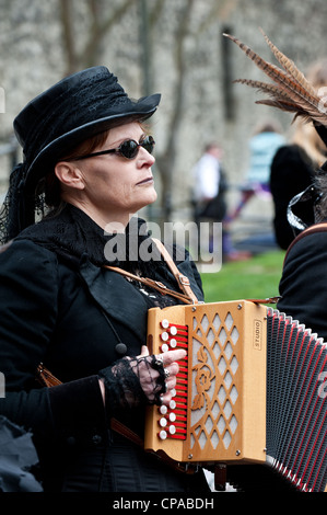 Un musicien de Wolfs Head et Vixen Border Morris performing aux socs Festival à Rochester Kent Banque D'Images