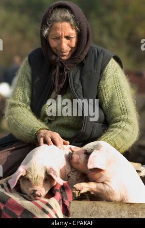 Femme vendant des porcs au marché, Roumanie Banque D'Images