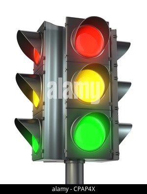 Quatre côtés avec feux de circulation rouge, jaune et vert isolé sur fond blanc Banque D'Images