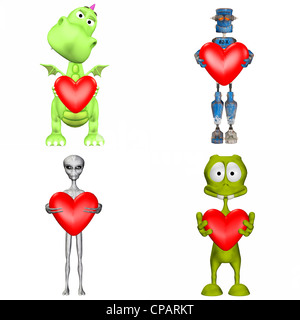 Illustration d'un pack de quatre (4) personnages tenant un cœur isolé sur fond blanc - 2de3 Banque D'Images