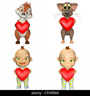 Illustration d'un pack de quatre (4) personnages tenant un cœur isolé sur fond blanc - 3de3 Banque D'Images