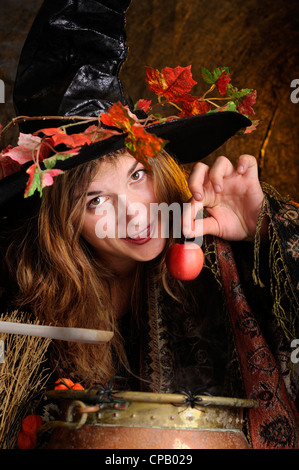 Sorcière halloween la cuisine dans une chaudière en cuivre Banque D'Images