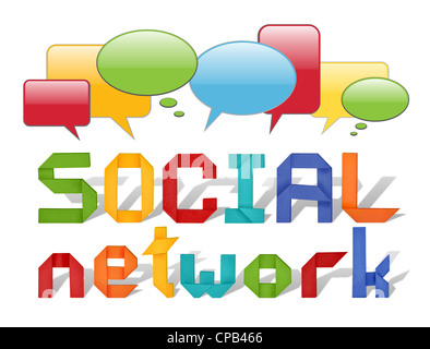Social network concept illustration avec l'origami et des lettres avec des phylactères isolated on white Banque D'Images