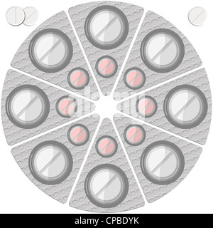 Comprimés dans un blister ronde et isolées contre l'arrière-plan blanc, abstract vector art illustration Banque D'Images