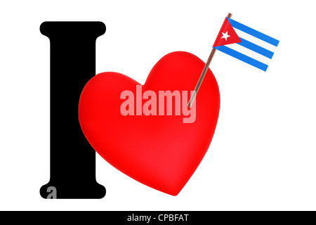 Petit drapeau sur un cœur rouge et le mot que j'ai à exprimer l'amour pour le drapeau national de Cuba Banque D'Images