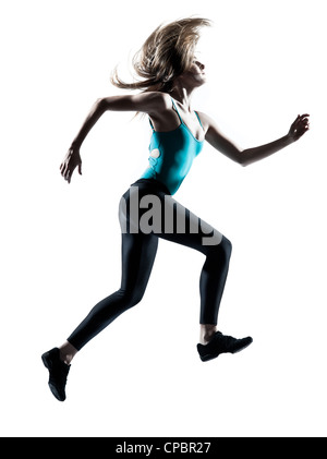 Vue latérale d'une belle femme blonde en bonne santé et s'exécutant sur fond blanc Banque D'Images