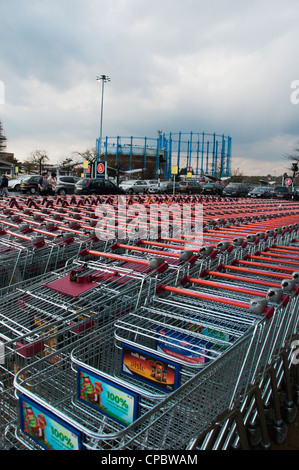 Chariots vides alignés à l'extérieur de supermarché avec gazomètre en arrière-plan Banque D'Images