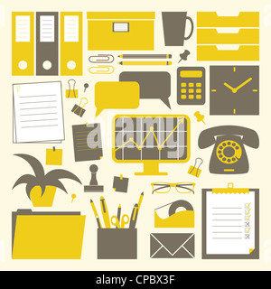 Une collection d'objets de bureau connexes en jaune, gris foncé et blanc. Banque D'Images
