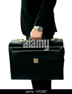 Photo de gros plan homme holding briefcase. Isolated on white Banque D'Images