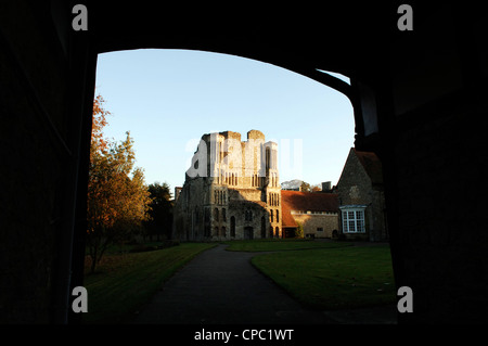 Ruines de la cathédrale sont éclairées par le soleil levant à St Mary's Abbey, West Malling, Kent, Angleterre, Royaume-Uni. Banque D'Images
