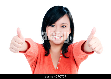 Smiling woman giving Thumbs up deux geste Banque D'Images