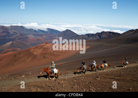 Les cavaliers sur la piste des sables bitumineux au Parc National de Haleakala sur Maui Banque D'Images