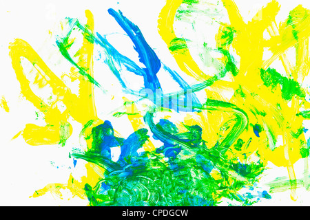 Les dessins des enfants lumineux ensoleillé avec jaune, vert et bleu aquarelle Banque D'Images