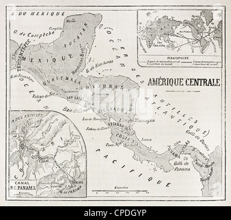 Carte ancienne de l'Amérique Centrale et Panama avec insert cartes Planisphère Banque D'Images