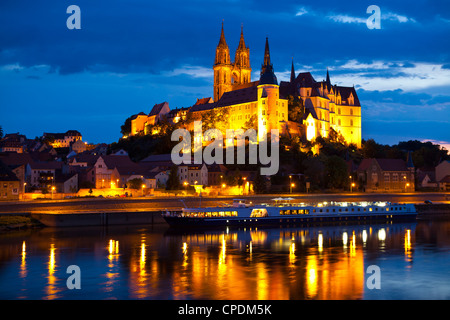 Château de Meissen de nuit au-dessus de l'Elbe, Saxe, Allemagne, Europe Banque D'Images