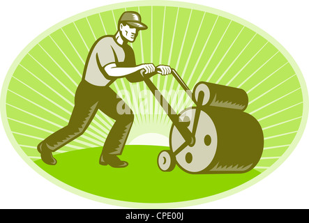 Vector illustration d'un paysagiste gardien groundsman poussant une pelle rétro style fait en gravure sur bois Banque D'Images