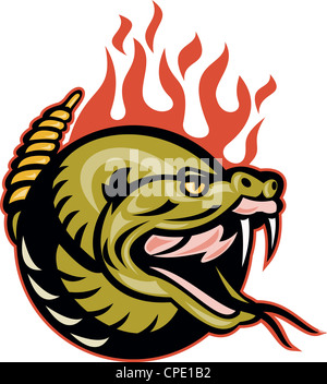 Illustration d'une tête de serpent à sonnette avec flammes isolées sur fond blanc. Banque D'Images