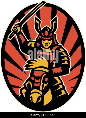 Illustration d'un samurai warrior riding horse attaquer avec katana sword fait dans le style rétro situé à l''intérieur de l'ellipse Banque D'Images