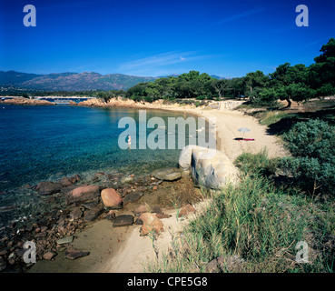 Vue sur la plage, Cala Rossa, le sud-est de la Corse, Corse, France, Europe, Méditerranée Banque D'Images