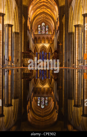 La recherche à travers la police et en bas de la nef de la cathédrale de Salisbury, Wiltshire, Angleterre, Royaume-Uni, Europe Banque D'Images