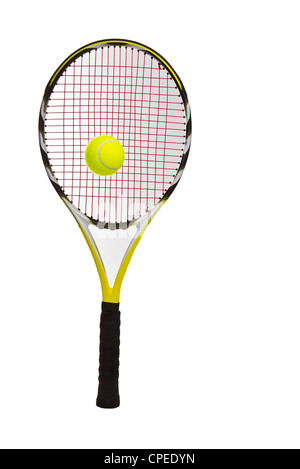 Nouvelle balle de tennis racket sur fond blanc Banque D'Images