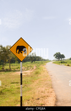 Wanring éléphant jaune panneau sur la route dans le parc nation Yala, au Sri Lanka Banque D'Images