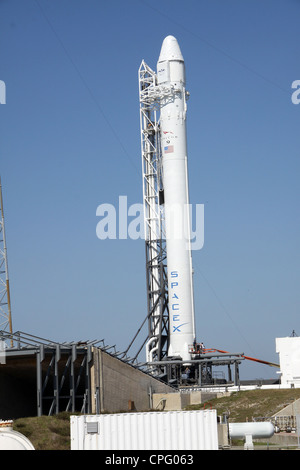 Le SpaceX Falcon 9 rocket subit les derniers préparatifs avant le lancement dans l'espace à partir de complexes de lancement spatial-40 sur la base aérienne de Cap Canaveral transportant la capsule Dragon en orbite le 18 mai 2012 à Cap Canaveral, en Floride. Banque D'Images