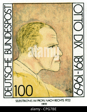 Dix, Otto, 2.12.1891 - 25.7.69, artiste allemand (peintre, graphiste), portrait, timbres et revêtement en caoutchouc, publié à 100ème anniversaire, date d'édition: 5.11.1991, timbres-poste, papier peint fluorescent blanc DP2, cinq couleurs - Rakel - imprimer, quatre blocs, disposition: Lutz Lueders, Schoenwalde, hors série de timbres-poste, timbres Banque D'Images