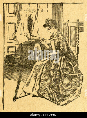 Circa 1900 gravure, Mary Ball Washington, la mère de George Washington, sa filature de lin. Banque D'Images