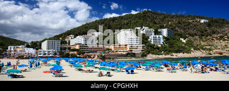 La plage de sable et la baie isolée de Cala Llonga resort, l'île d'Ibiza, Baléares, Espagne, Europe Banque D'Images