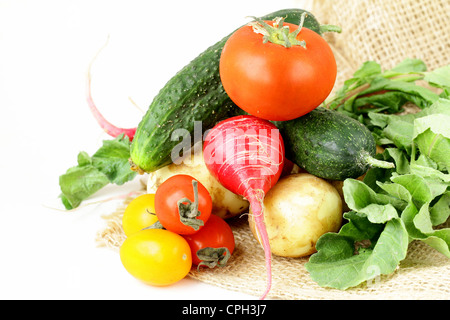 Divers légumes (tomates, radis, concombres) sur un fond blanc Banque D'Images