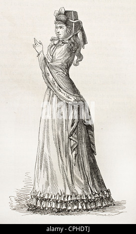 Femme portant chapeau et longue jupe, ancien portrait gravé (fin du 18e siècle) de la mode Banque D'Images