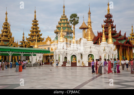 Le Myanmar, Birmanie. La pagode Shwedagon, Yangon, Rangoon. De nombreux sanctuaires d'encercler la passerelle autour de la stupa. Banque D'Images