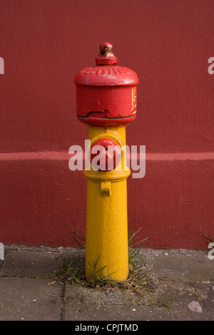 Une bouche d'incendie rouge peintes de couleurs vives et jaune dans les rues de Reykjavik, Islande. Banque D'Images