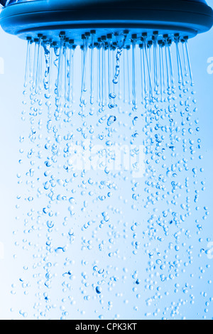 Tête de douche avec l'eau des gouttelettes, sur fond bleu Banque D'Images