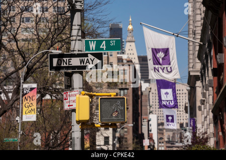 Les plaques de rue et les drapeaux, NYU, Washington Square, NYC Banque D'Images