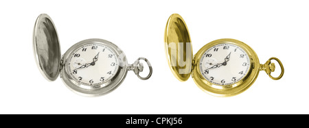Deux montres de poche ancien style - l'argent et l'or, isolé Banque D'Images