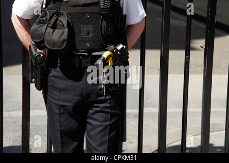 Armé d'un agent de police métropolitaine à Downing Street, Westminster, Londres, Angleterre, Royaume-Uni Banque D'Images