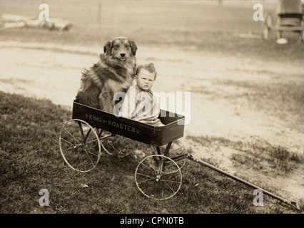 Collie & bébé assis dans King-Koaster Toy Wagon Banque D'Images