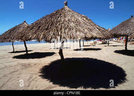 Palapas de chaume offrent l'ombre aux amateurs qui recherchent le soulagement de la soleil tropical à Puerto Vallarta sur la côte Pacifique du Mexique. Banque D'Images