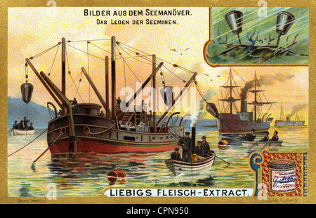 Militaire, marine, Marine impériale pendant les exercices de la marine, marins posant des mines de mer, carte de collection Liebig, Allemagne, vers 1905, droits supplémentaires-Clearences-non disponible Banque D'Images