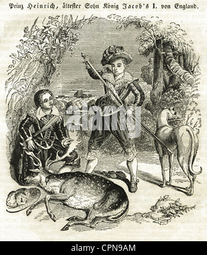 Henry Frederick Stuart, 1594 - Novembre 1612, Prince de Galles, pleine longueur, pendant la chasse aux cerfs, vers 1610, gravure en bois de 'Das Heller Magazin', Allemagne, 1840, Banque D'Images