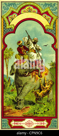 Chasse, chasse au tigre, chasseur est sur l'éléphant, insert de paquet pour a fès, Autriche, vers 1912, droits additionnels-Clearences-non disponible Banque D'Images