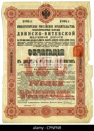 Argent / finances, part, obligation du gouvernement russe tsariste pour la liaison ferroviaire Dvinsk - Vitebsk, obligation 125 rouble d'or, rouble, 4% intérêt annuel, Russie, 1894, droits additionnels-Clearences-non disponible Banque D'Images