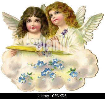 Kitsch/cartes/souvenir, deux anges avec livre de prière sur un nuage, lithographie, Allemagne, vers 1908, droits additionnels-Clearences-non disponible Banque D'Images